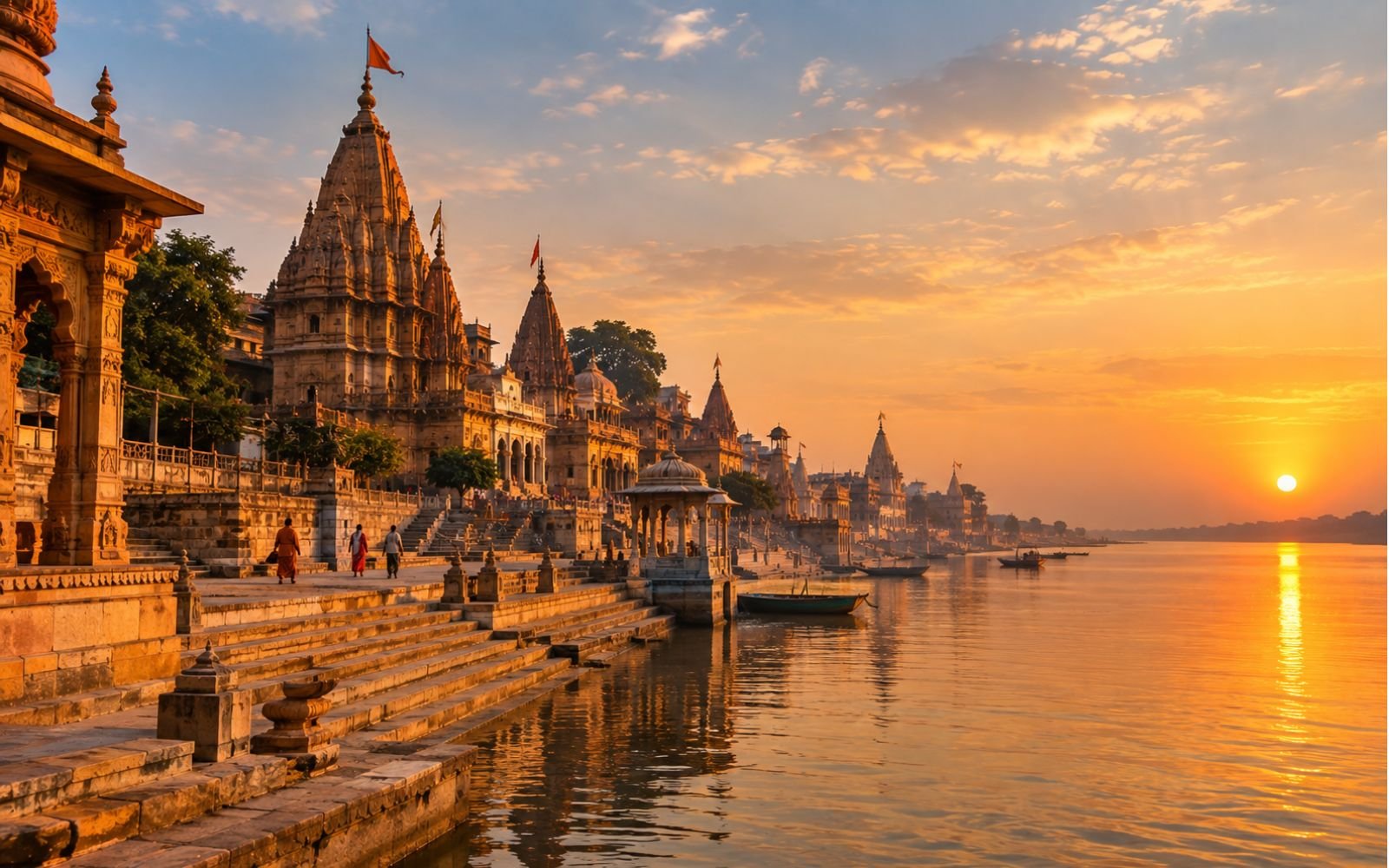 Temple architecture on the banks of the Saryu river in Ayodhya