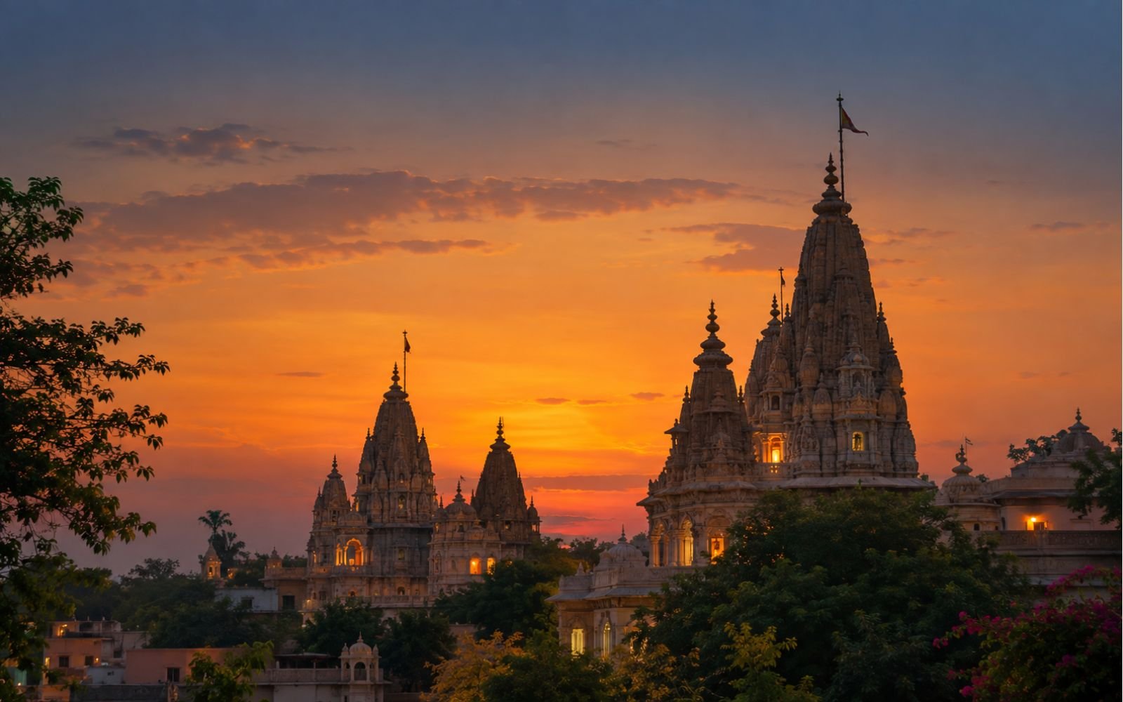 Temple spires in Vrindavan at dusk