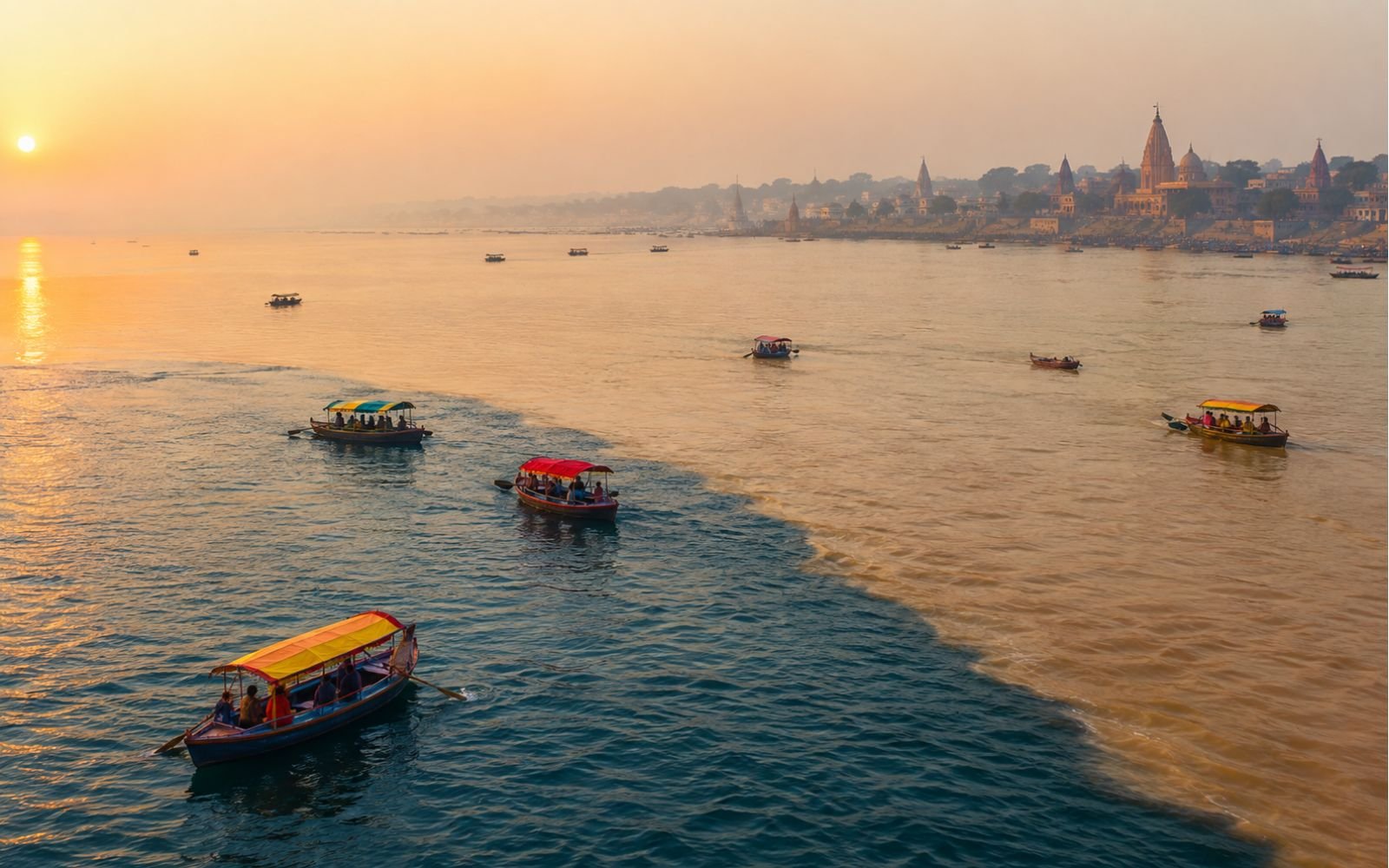 Boats at the Sangam, the confluence of the Ganga and Yamuna rivers in Prayagraj