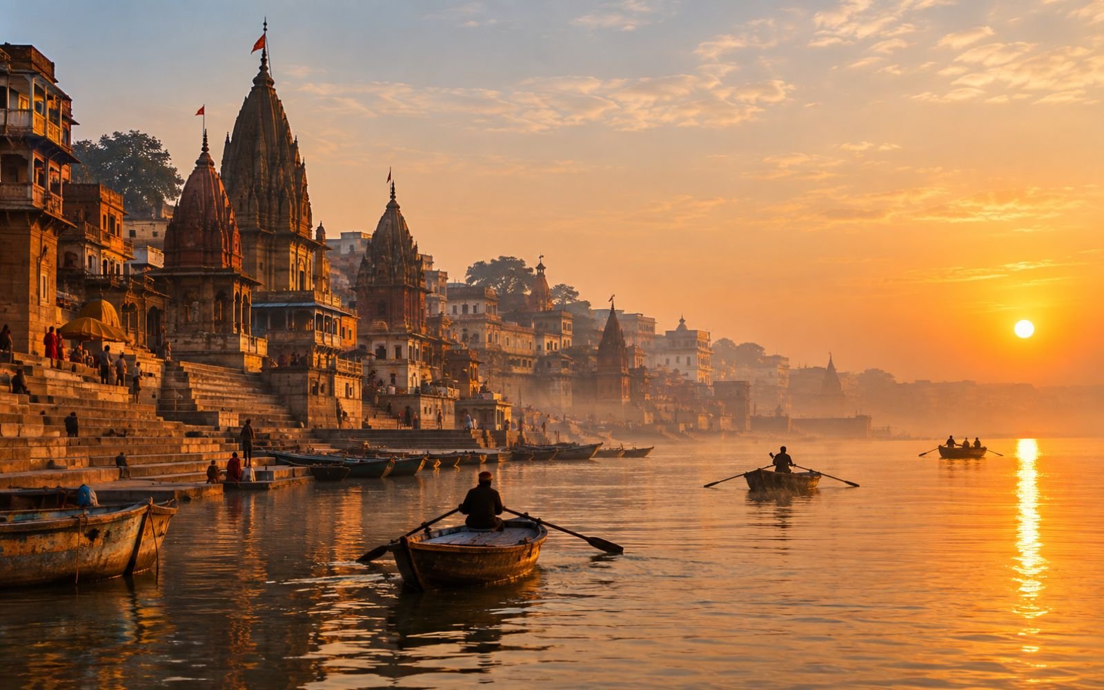 Sunrise over the ghats of Varanasi with boats on the Ganga